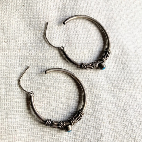 Vintage Large Turquoise Sterling Silver 925 Bali Style Inlay Hoop Post Earrings - Picture 8 of 16